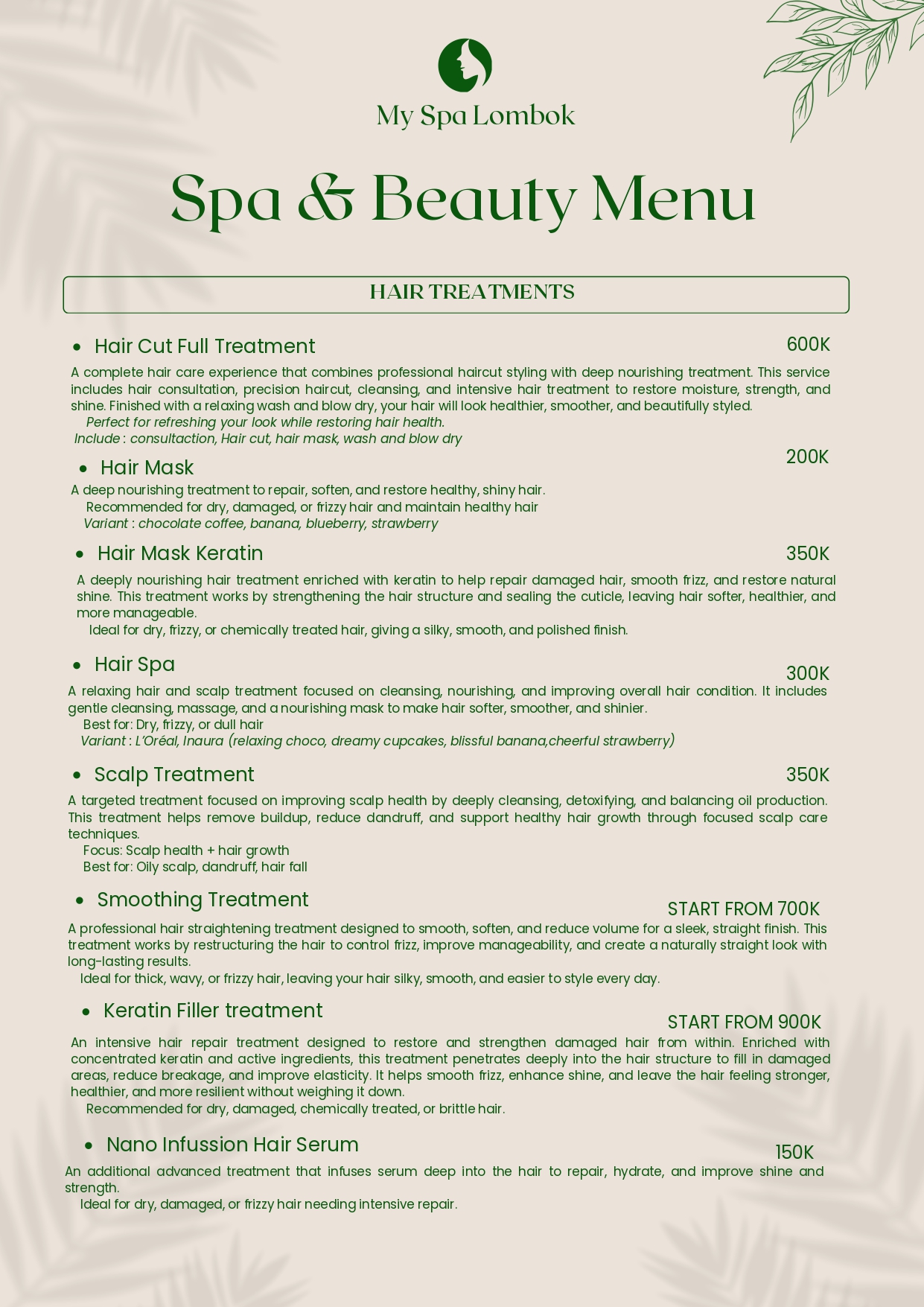 Special spa package deals and couple treatment menu at MY SPA LOMBOK Kuta Mandalika